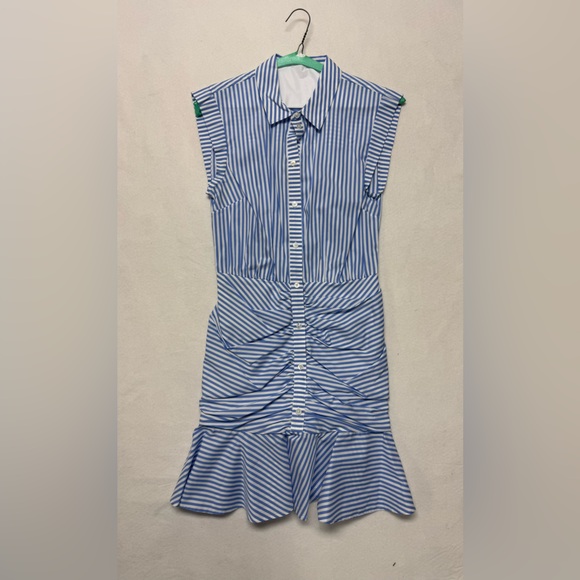 Veronica Beard Bell ruched striped cotton-blend poplin mini shirt dress - Picture 4 of 11